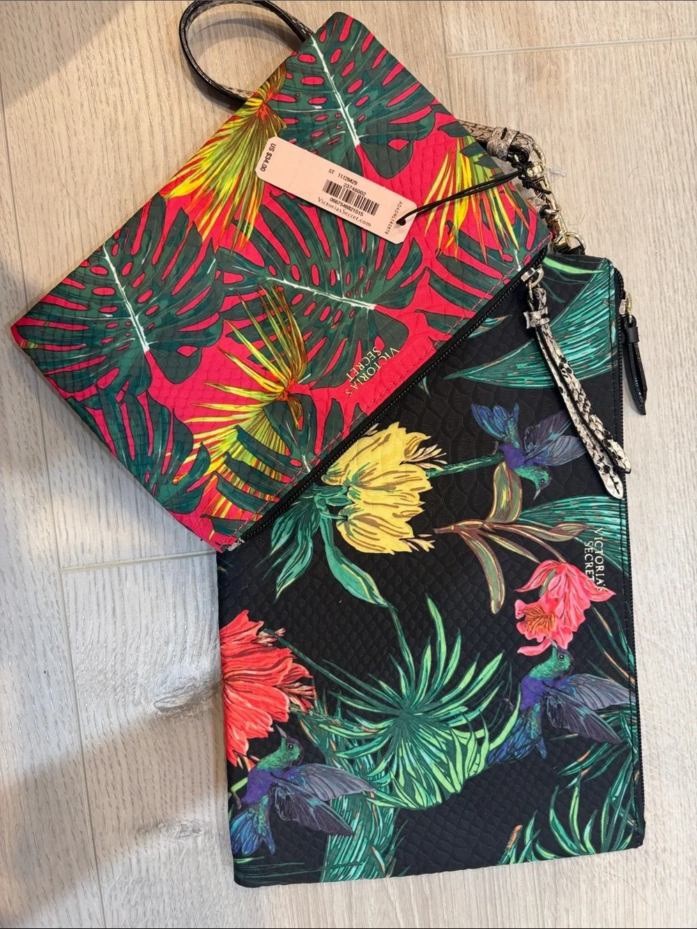 Victoria's Secret Tropical Floral Wristlet Pouches in Black, Pink, Green, Yellow